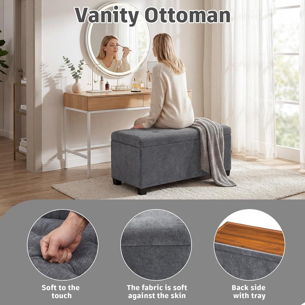 29.5 in Gray Linen Storage Ottoman with Reversible Tray Top | Rectangular Storage Bench, Upholstered Foot Rest Ottoman with Hidden Storage, Coffee Table for Living Room Bedroom Entryway