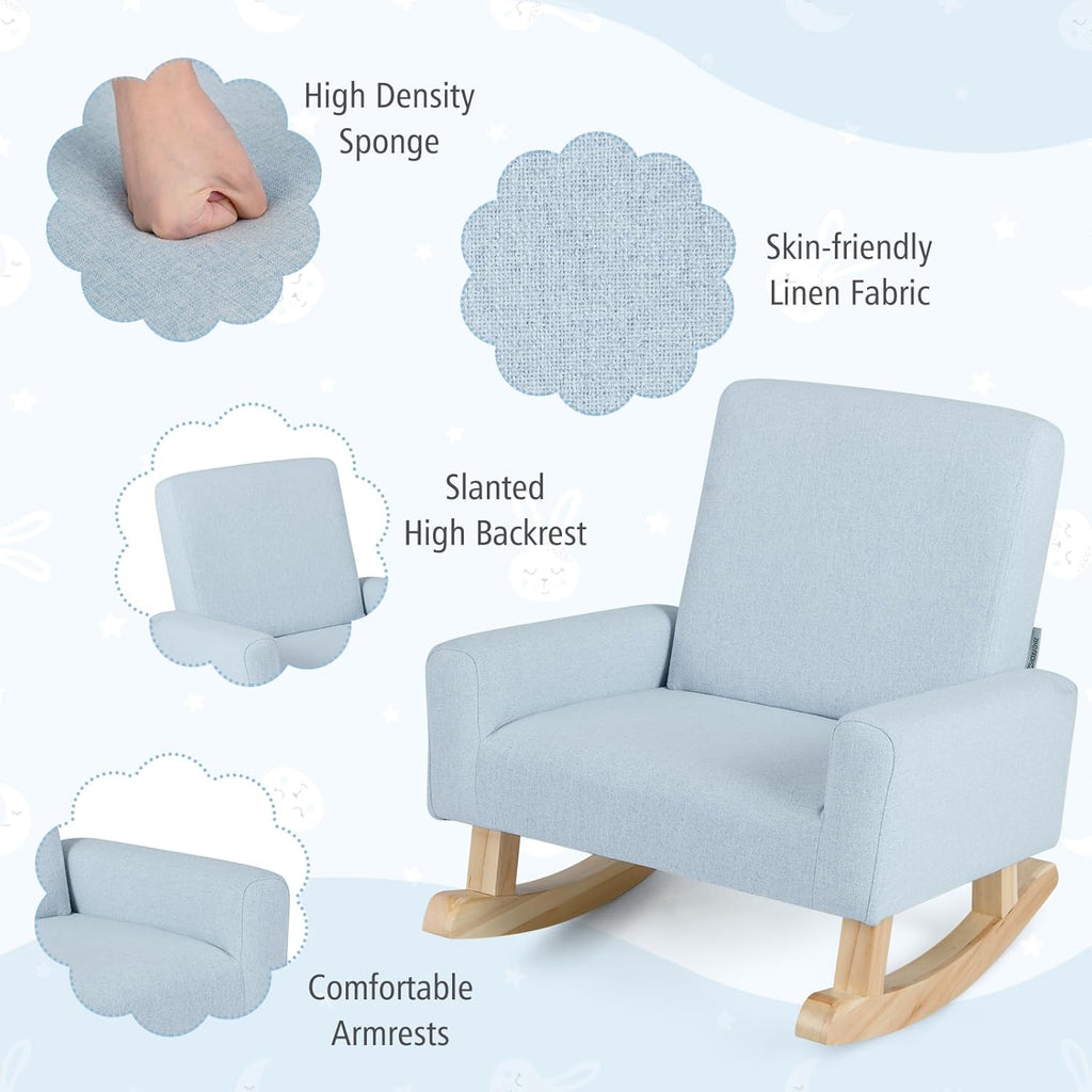 Honey Joy Toddler Rocking Chair, Kids Rocker with Solid Wood Legs & Linen Fabric, Anti-Tipping Design, Toddler Couch for Kids Room, Playroom, Nursery, Bedroom (Blue)