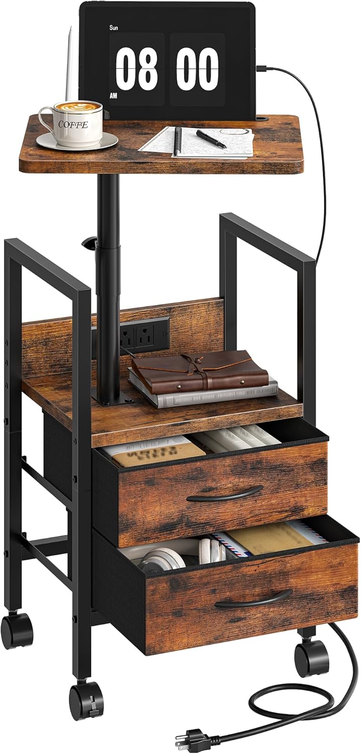 Height Adjustable Side Table with Swivel Tabletop, End Table with Charging Station, Bedside Table with Fabric Drawers and Wheels, Nightstand for Living Room, Bedroom, Rustic Brown and Black TBZ21UBF