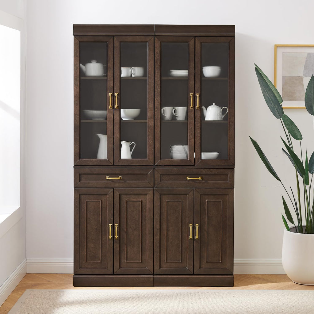 HomeStock Modern Minimalism Stanton 2Pc Glass Door Kitchen Storage Pantry Cabinet Set - 14.5" D x 47.5" W x 78" H, Floor Mountable, Shelves Included, 2 Doors 2 Drawers