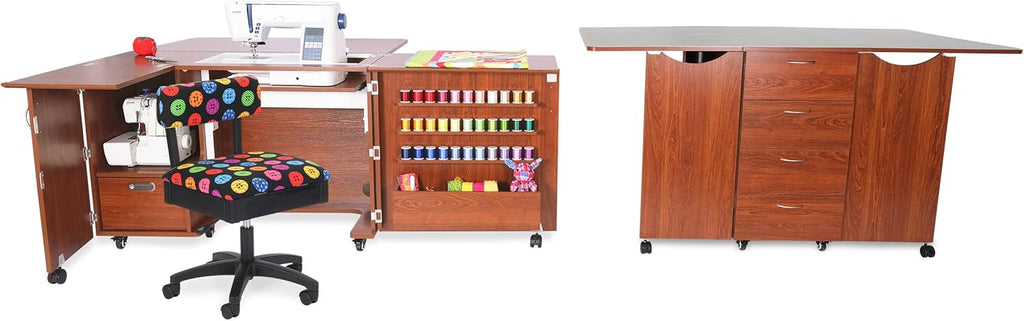 Kangaroo Kookaburra Cutting Table – Large Sewing, Quilting & Craft Workstation with Expandable 70” x 40” Surface, Storage Drawers, Shelves & Rolling Locking Casters, Teak Finish