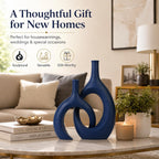 Navy Blue Unique Hollow Bud Vases Set of 2,Modern Snuggle and Huging Style Ceramic Vase for Pampas Grass,Living Room Decorations for Fireplace,Coffee Table Centerpiece,Mantle,Bookshelf Decor