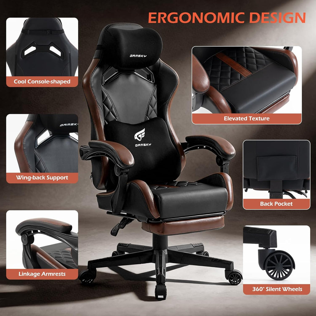 Ergonomic Gaming Chair for Adults with Footrest - PU Leather Computer Gamer Chair with Memory Foam Headrest & Lumbar Pillow, Reclining Silla Gamer Video Game Chair for Home Office, Black & Brown