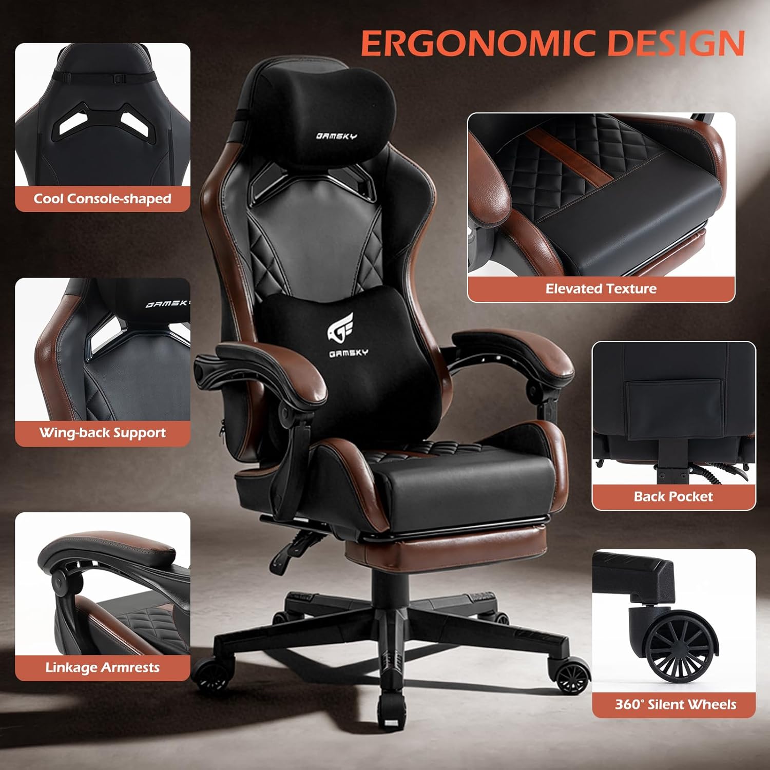 Ergonomic Gaming Chair for Adults with Footrest - PU Leather Computer Gamer Chair with Memory Foam Headrest & Lumbar Pillow, Reclining Silla Gamer Video Game Chair for Home Office, Black & Brown
