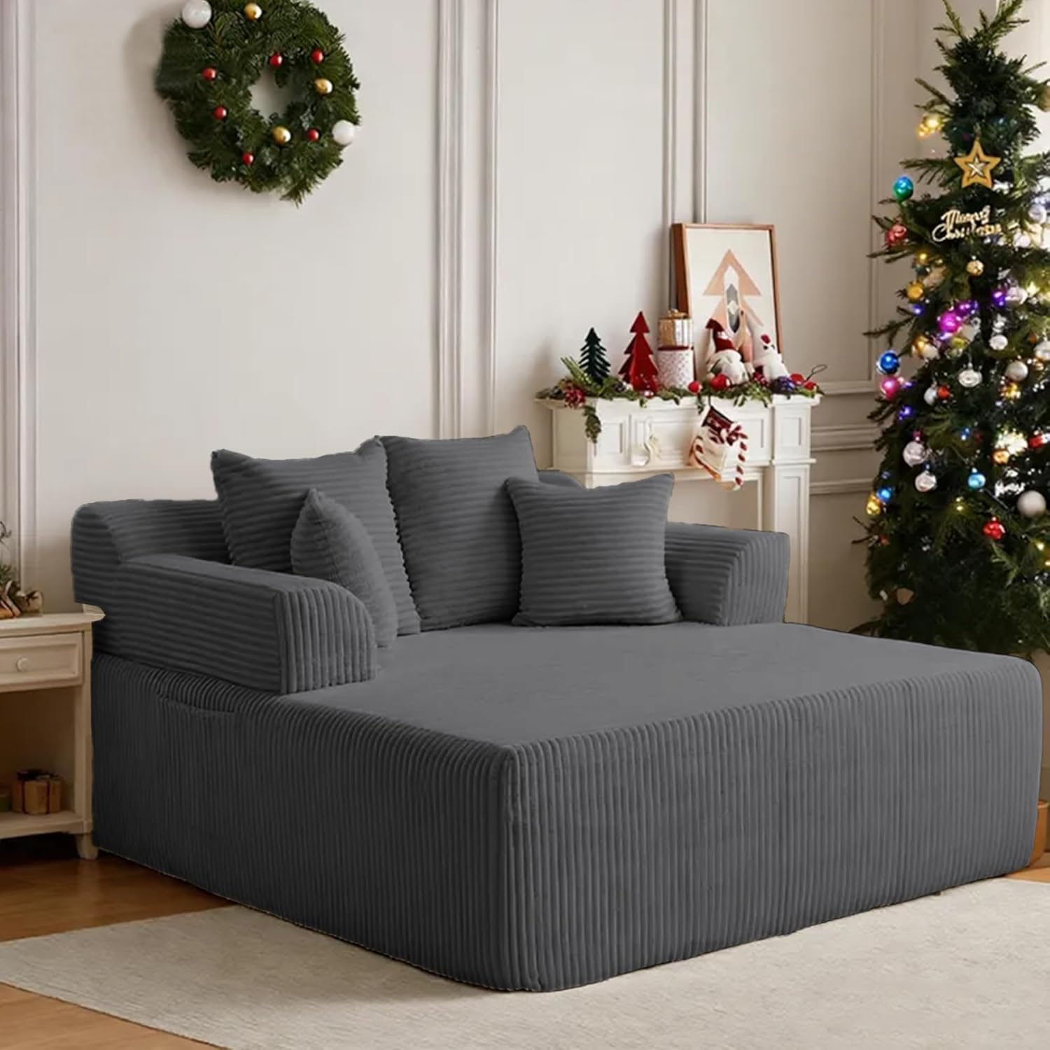 58" Oversized Boneless Chair, Corduroy Lounge Chaise Chair Indoor Sleeper Sofa Bed with Arms and 4 Pillows, No Assembly for Bedroom Living Room, Grey