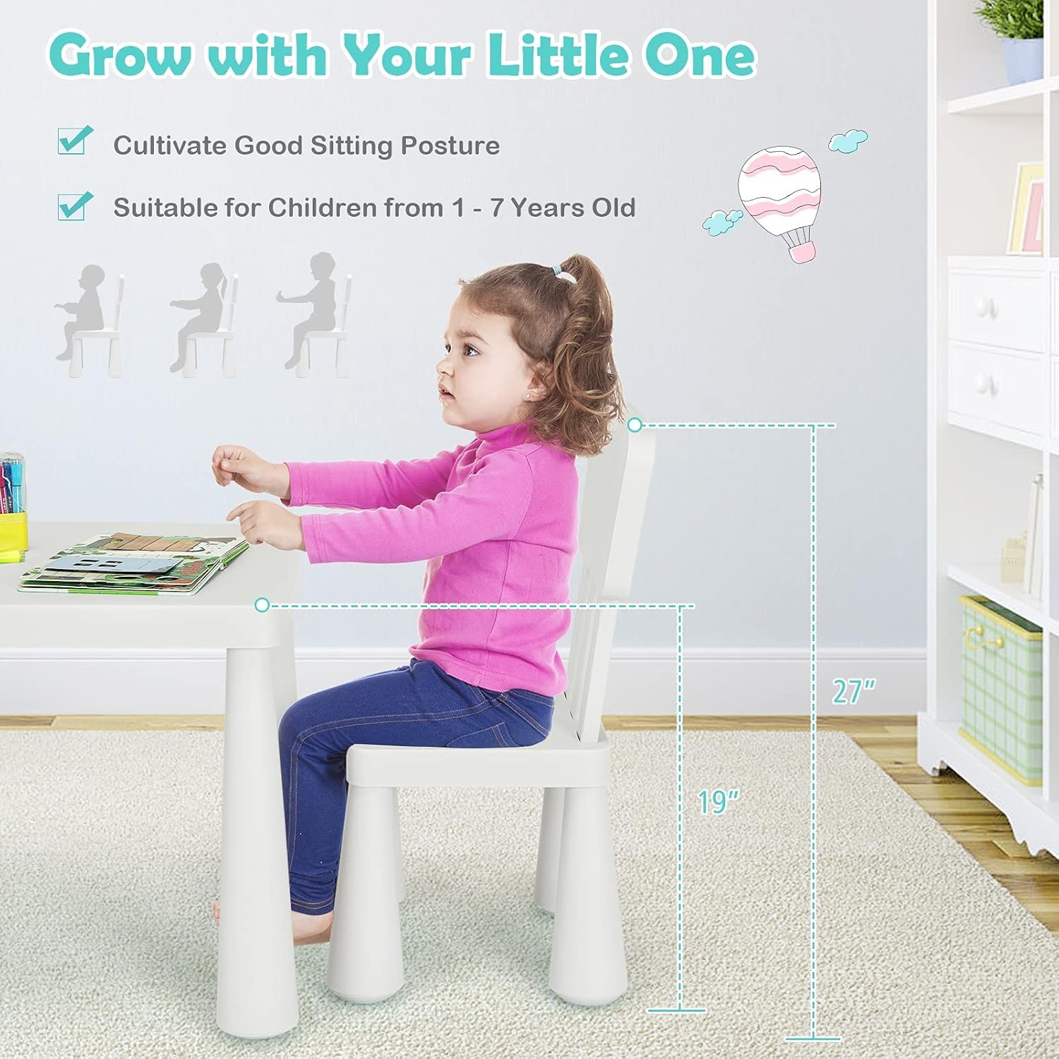 Costzon Kids Table and Chairs, 3 Piece Plastic Easy Clean Children Activity Desk for Reading, Drawing, Snack Time, Arts Crafts, Preschool, Kindergarten & Playroom, Toddler Table and Chair Set (White)