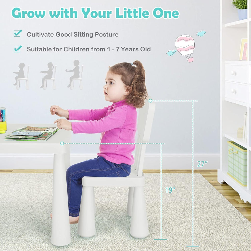 Costzon Kids Table and Chairs, 3 Piece Plastic Easy Clean Children Activity Desk for Reading, Drawing, Snack Time, Arts Crafts, Preschool, Kindergarten & Playroom, Toddler Table and Chair Set (White)