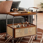 Rolling Rattan Side Table with Wheels - 2-Layer Storage Coffee Table & End Table for Living Room - Stylish Wood & Rattan Design, Space-Saving Solution