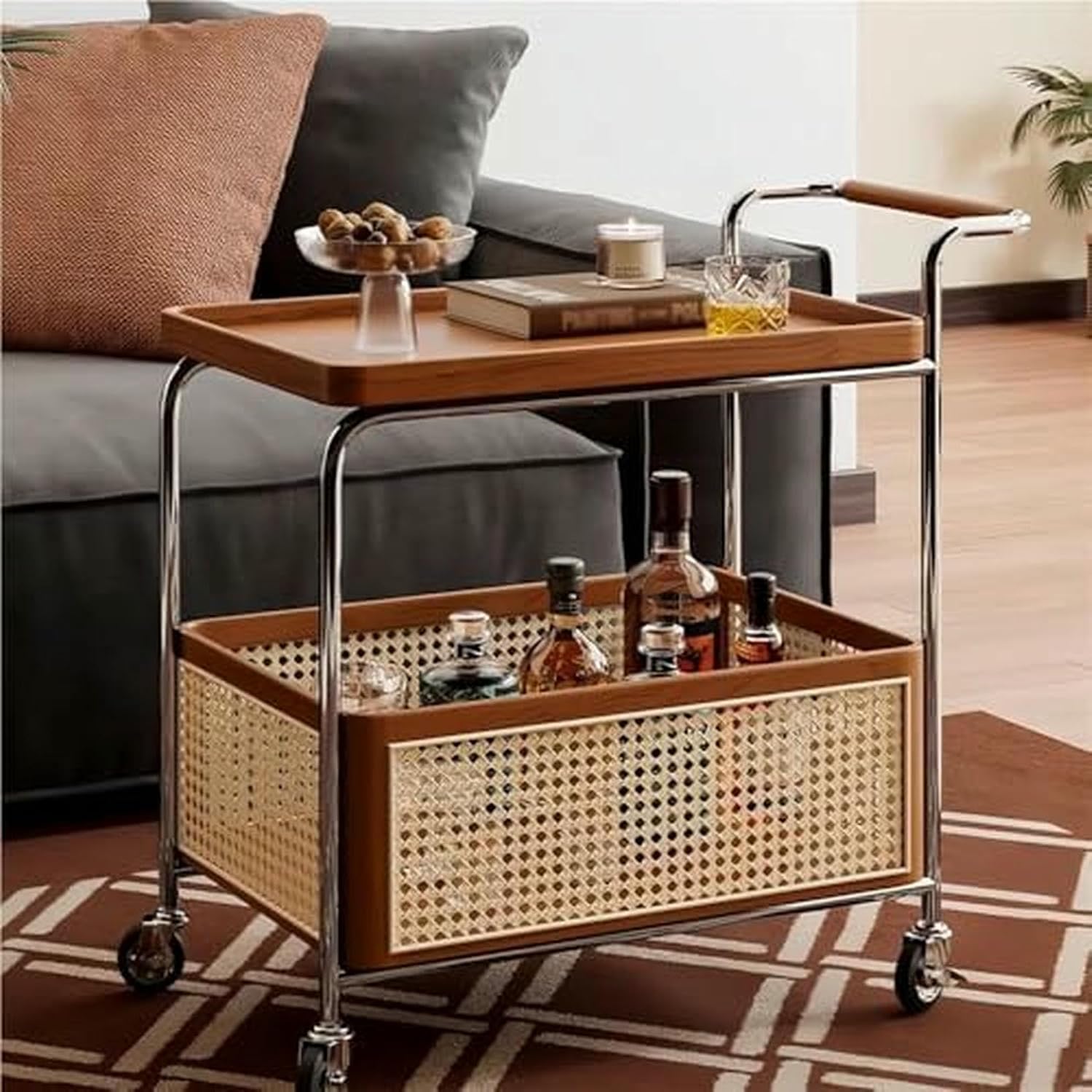 Rolling Rattan Side Table with Wheels - 2-Layer Storage Coffee Table & End Table for Living Room - Stylish Wood & Rattan Design, Space-Saving Solution