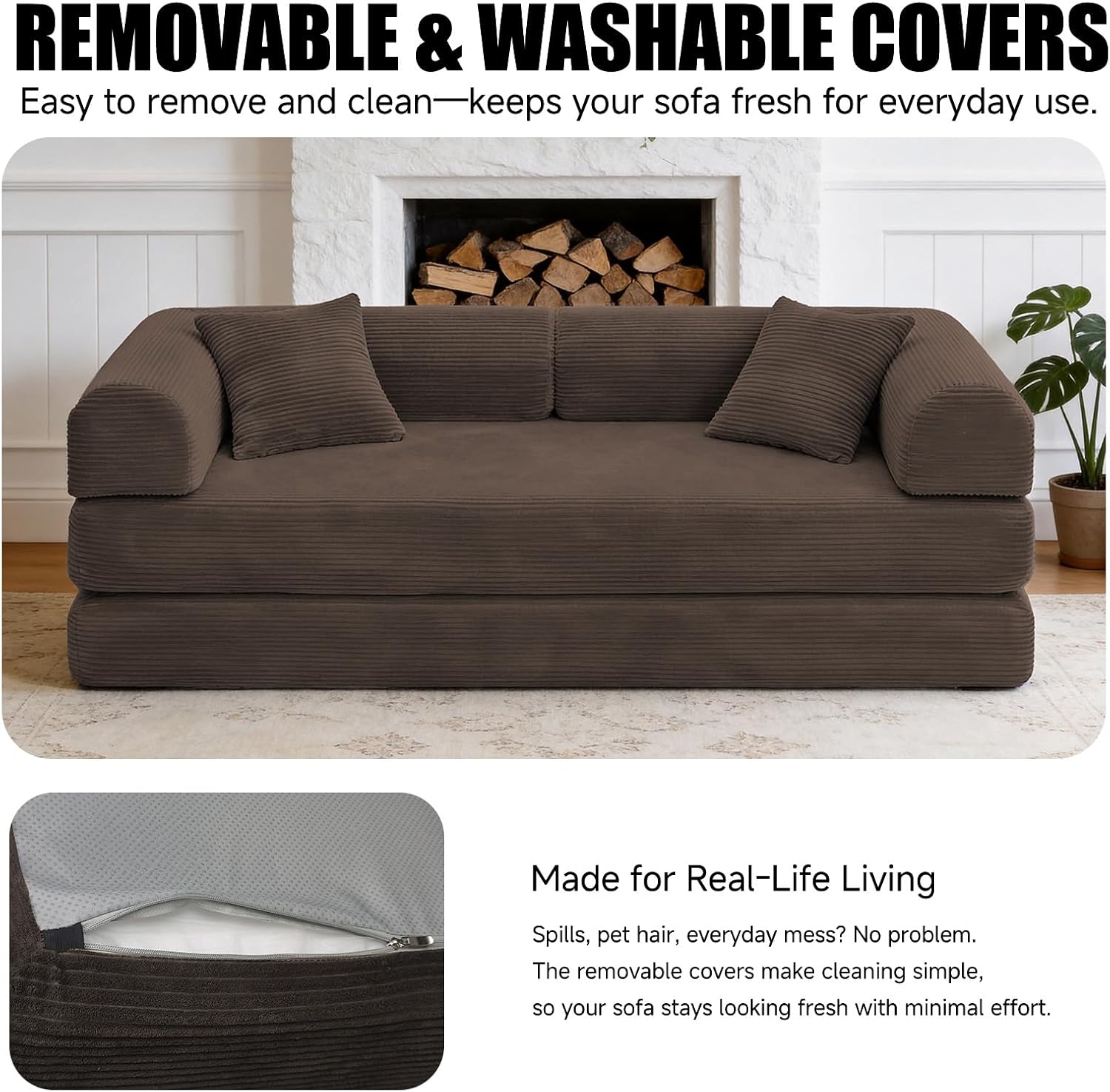 79" Corduroy Sofa Bed, Boneless Couch in a Box with 2 Pillows, High-Density Foam 4-in-1 Foldable Sleeper Futon Loveseat for Small Spaces, No Assembly, Side Pockets, Hex Arm Brown