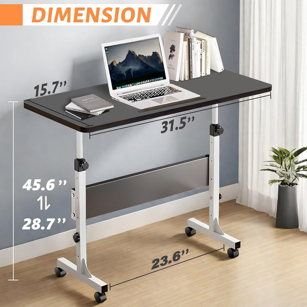 Rolling Desk Adjustable Height,Portable Laptop Desks,Small Standing Desk with Wheels for Home Office (31.50 * 15.75,Black)