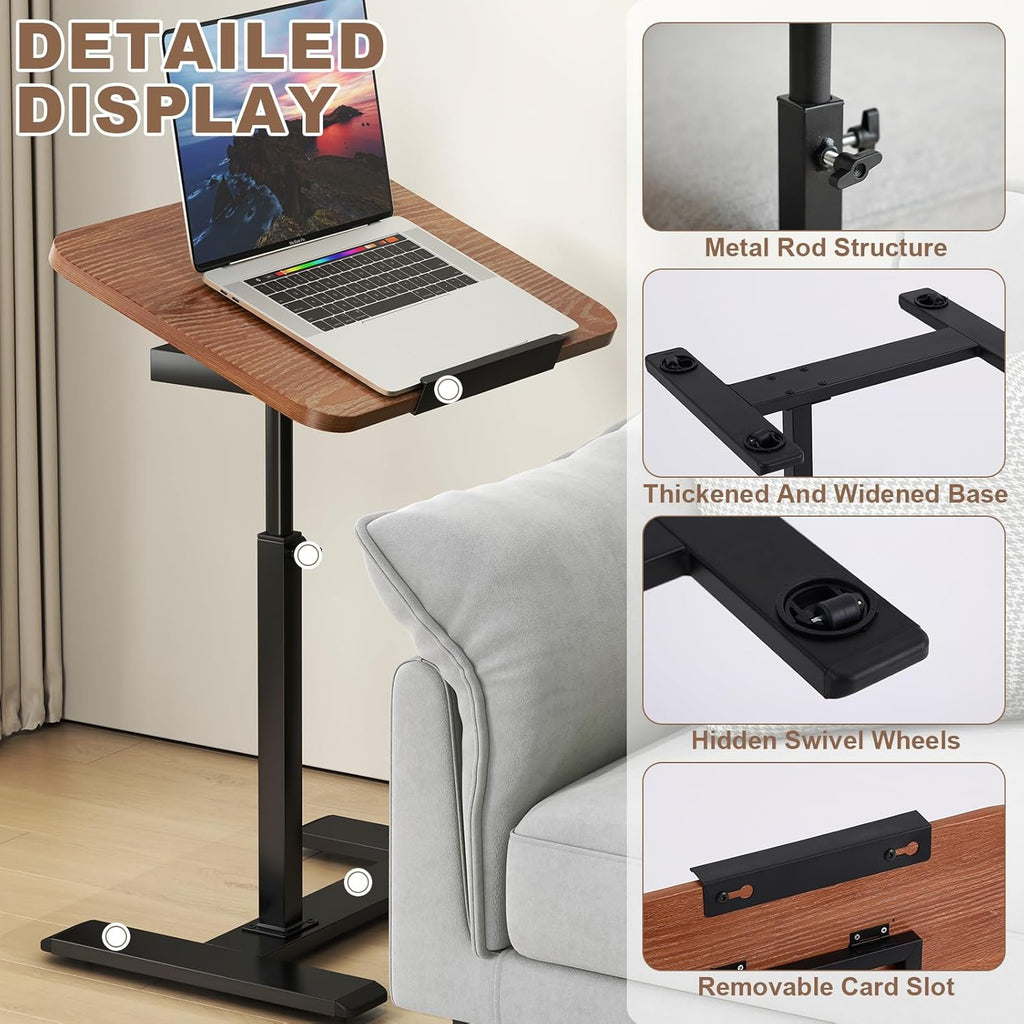 Solid Wood C-Shaped Side Table,360° Rotating TV Tray Table,Height-Adjustable,Sliding Sofa Table,Rolling Laptop Desk for Living Room and Bedroom Use with Sofa,Bed,Chair-Pale Walnut