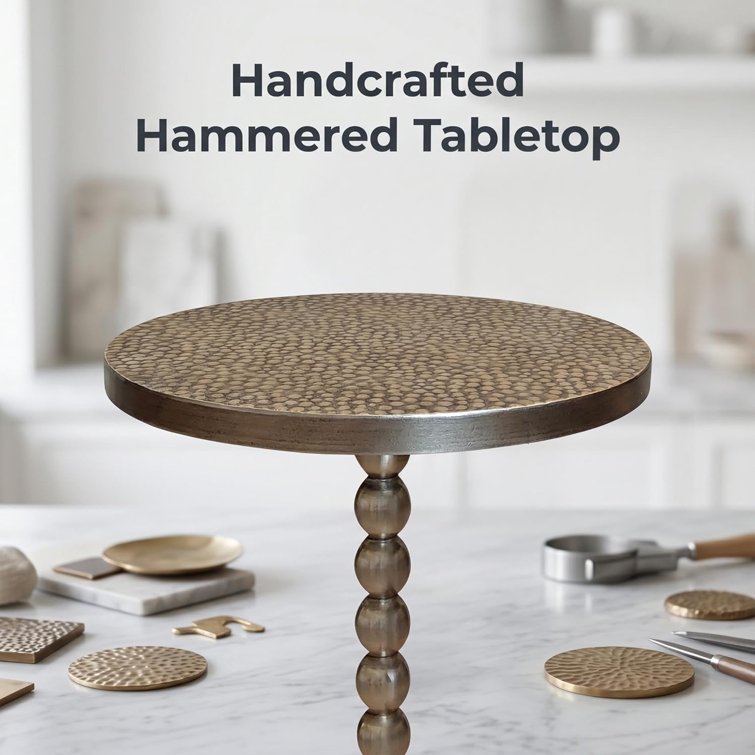 COVLON Drink Table, Small Round Pedestal Side Table, Martini Table for Small Spaces, Gold Accent End Table with Hammered Top, Plant Stand for Living Room, Bedroom, Bathroom, Easy Assembly