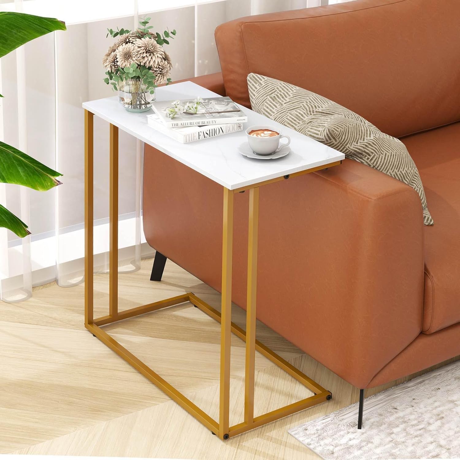 C-Shaped Side Table, Modern End Table with Metal Frame, Space Saving Design for Living Room，Large Surface Couch Table for Bedroom, and Home Office，24 x 12 x 24 inches (Marble White)