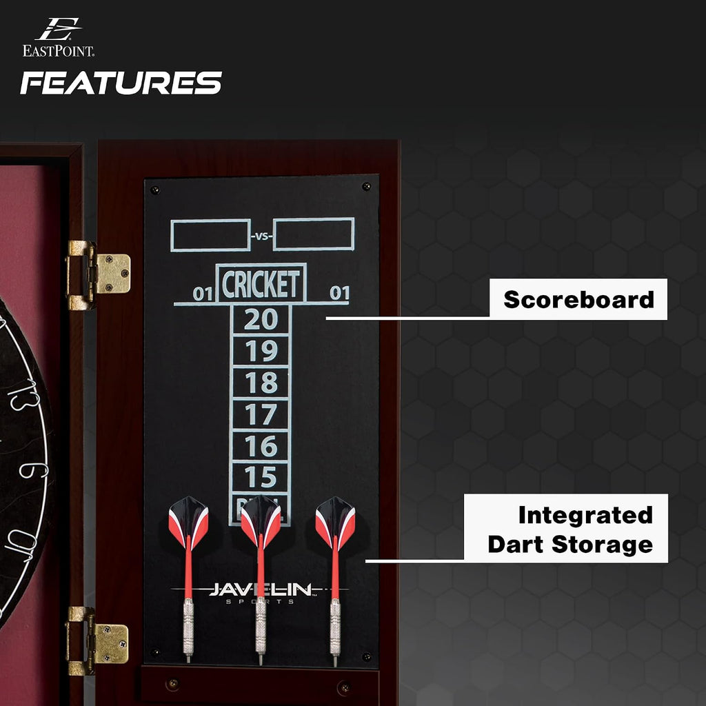 EastPoint Sports Official Size Dart Board Cabinet Set- Easy-Assembly & Complete with 6 Deluxe Steel Tip Darts and Accessories -Premium Darts Set with Scoreboard for Bar Games & Indoor Games
