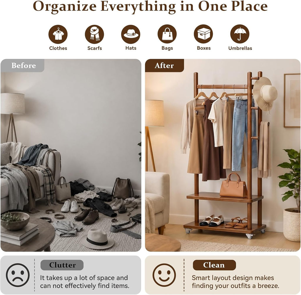 Taitiy Coat Rack Solid Wood Stand Storage 2 Shelves 4 Hooks Entryway | Hallway bedroom living room office, durable wood construction, freestanding design, coats hats bags storage