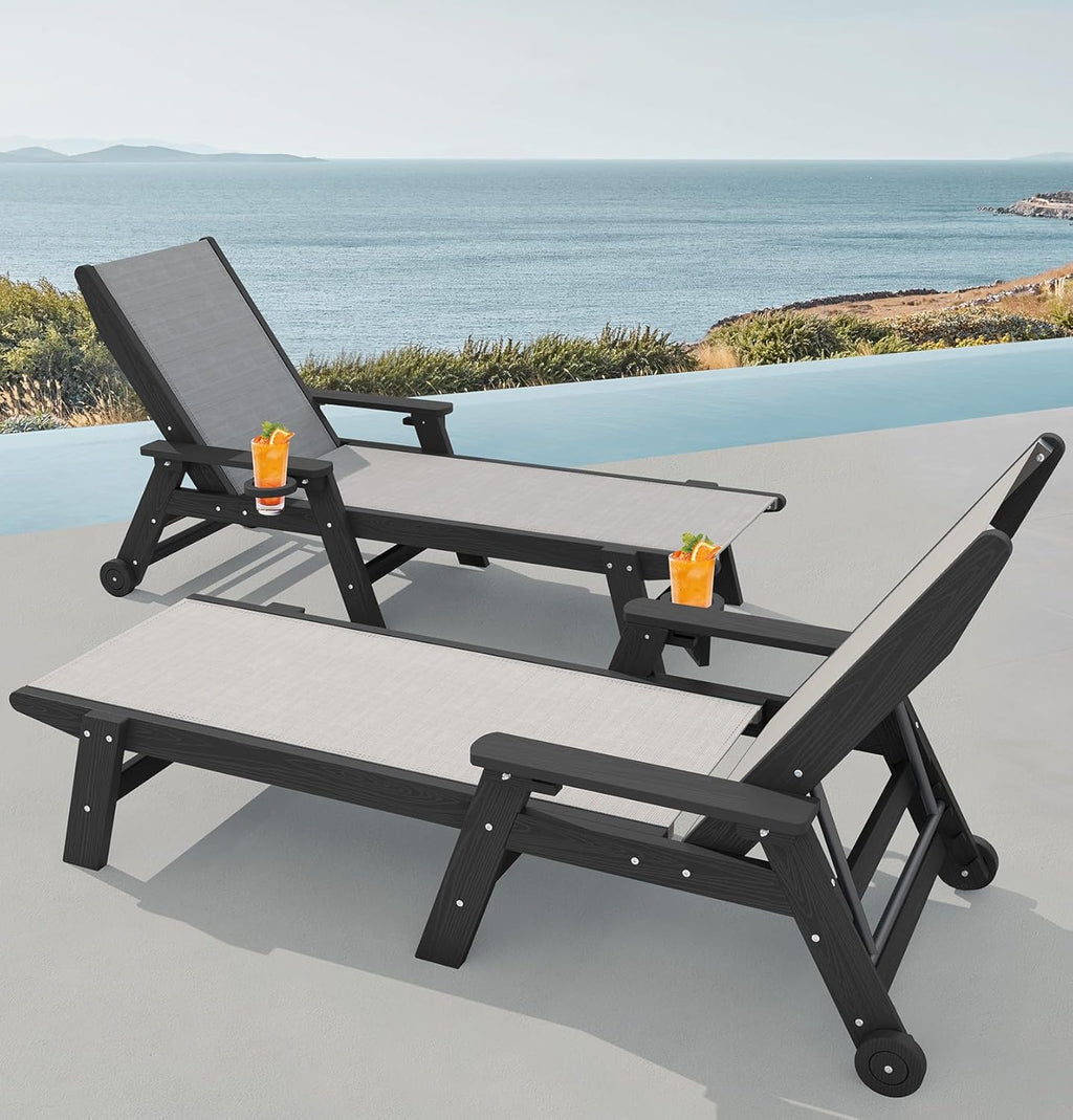 SERWALL Textilene Patio Chaise Lounge Chair Set of 2, HDPE Outdoor Lounger for Pool, Black