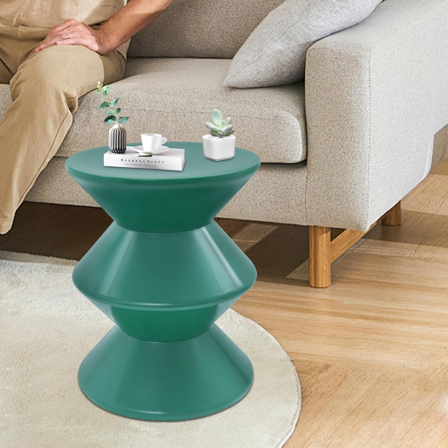 Side Table, Floor Standing Round Sofa Side Table, Modern Hourglass and Geometric Decor End Table, 220.46 Lbs Load-Bearing Capacity, for Coffee Patio Living Room Bedside Apartment (Green)