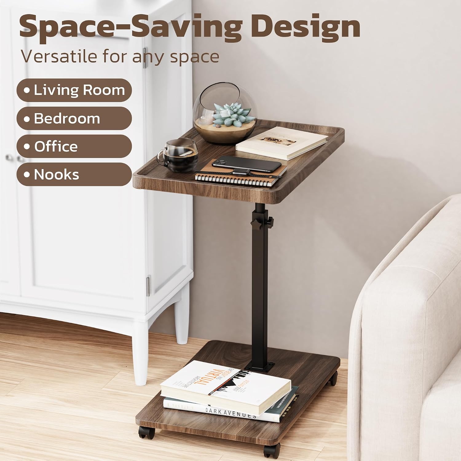 Large C-Shaped End Table, Swivel TV Tray, Couch Side Table Wood | Adjustable Height 360° Swivel, Slide Under Sofa, Multi-Use Couch/Bed/Overbed Table, Small TV Dinner Tray For Couch Dining