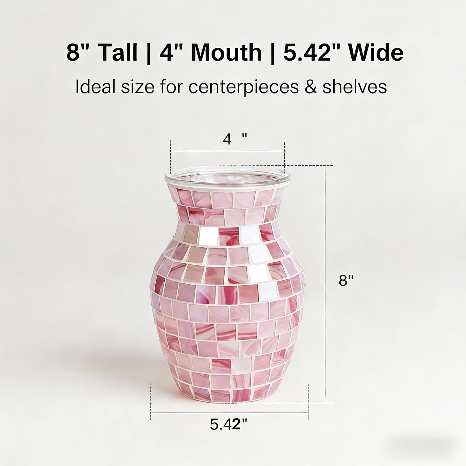 Pink Vase for Flowers, 8 Inch Mosaic Glass Centerpiece | Pink Gradient Tiles, Wedding Table Decor, 5.42 Inch Body for Bouquets and Pampas