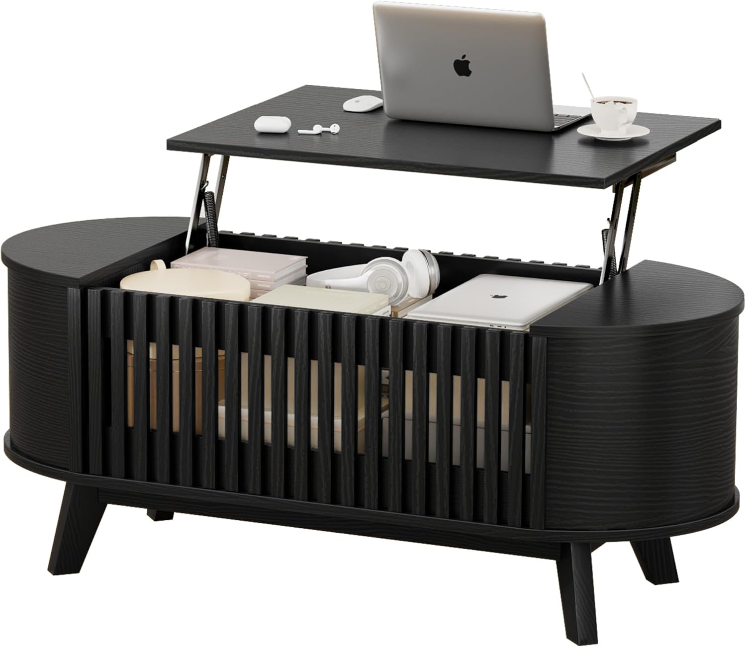 Oval Coffee Table for Living Room with Slatted Sides Frame, Modern Lift Top Coffee Table with Storage Hidden Compartment, Lift Tabletop Dining Table, Curved Corner, 40inch, Black