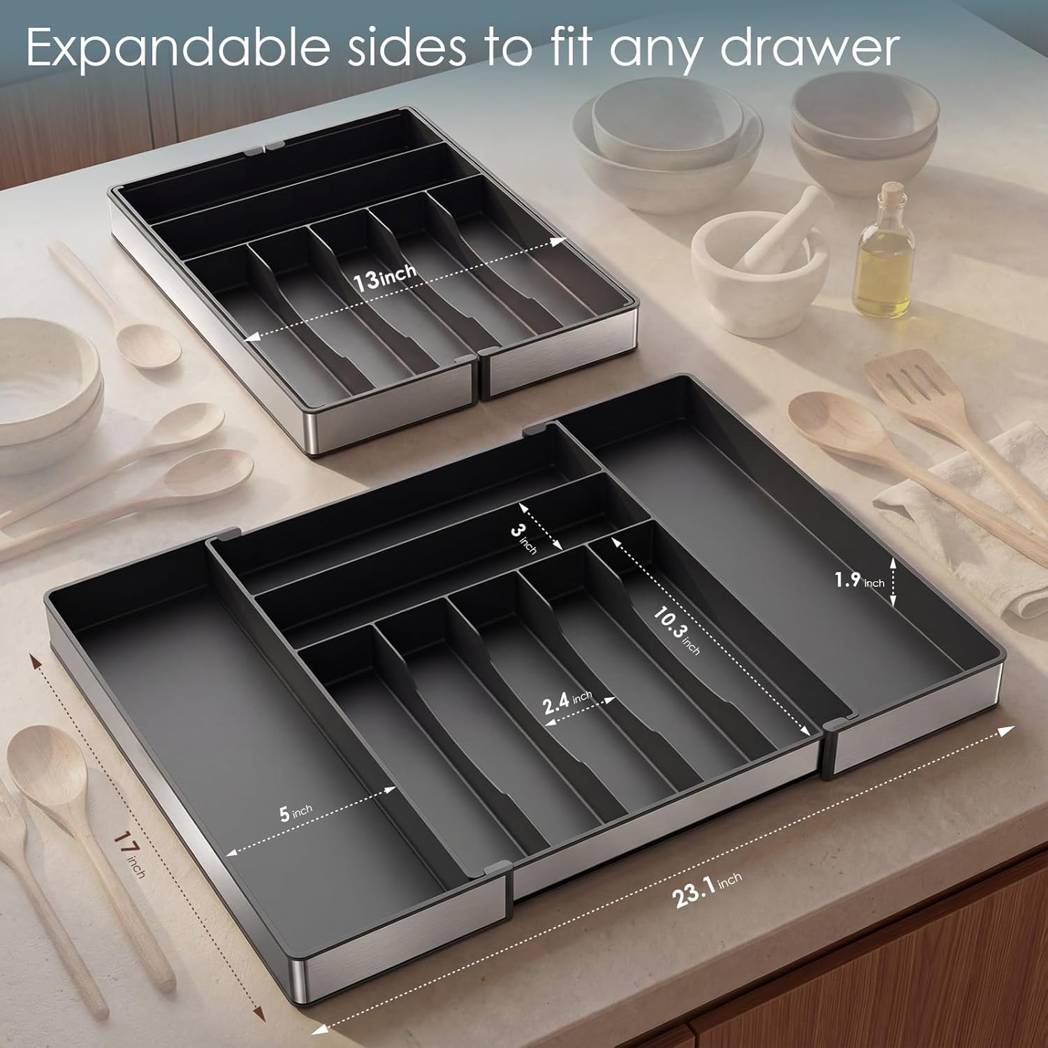 Extra Large Silverware Organizer, 9 Slot Expandable Kitchen Drawer Organizer, Utensil Holder, Heavy Duty Stainless Steel Frame Silverware Drawer Organizer, 8 Non-Slip Feet Included, BPA Free, Black