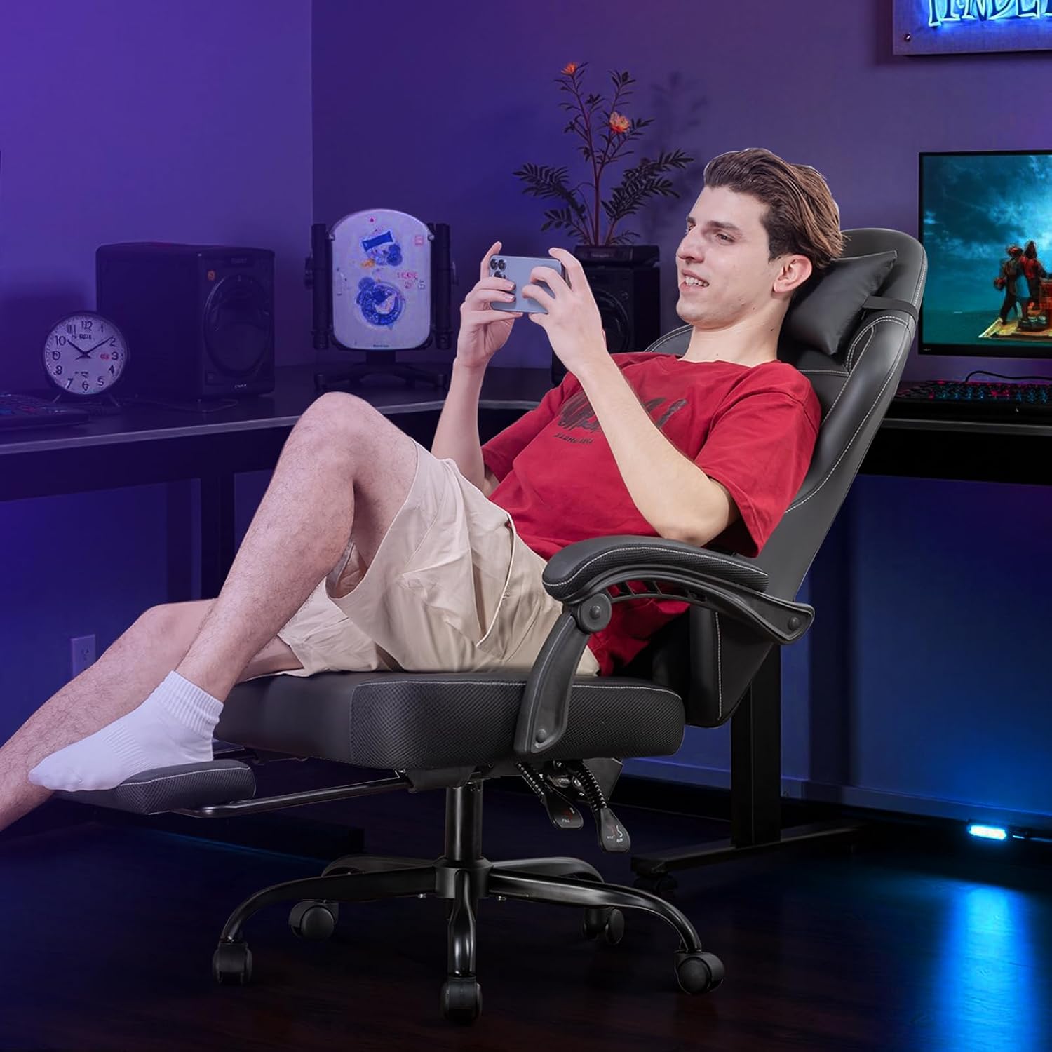 GTPLAYER Gaming Chair with Footrest, Recliner Chair with Headrest & Lumbar Support, Linkage Armrest,Ergonomic Gaming Chair 350lbs, High Back Office Home, Black