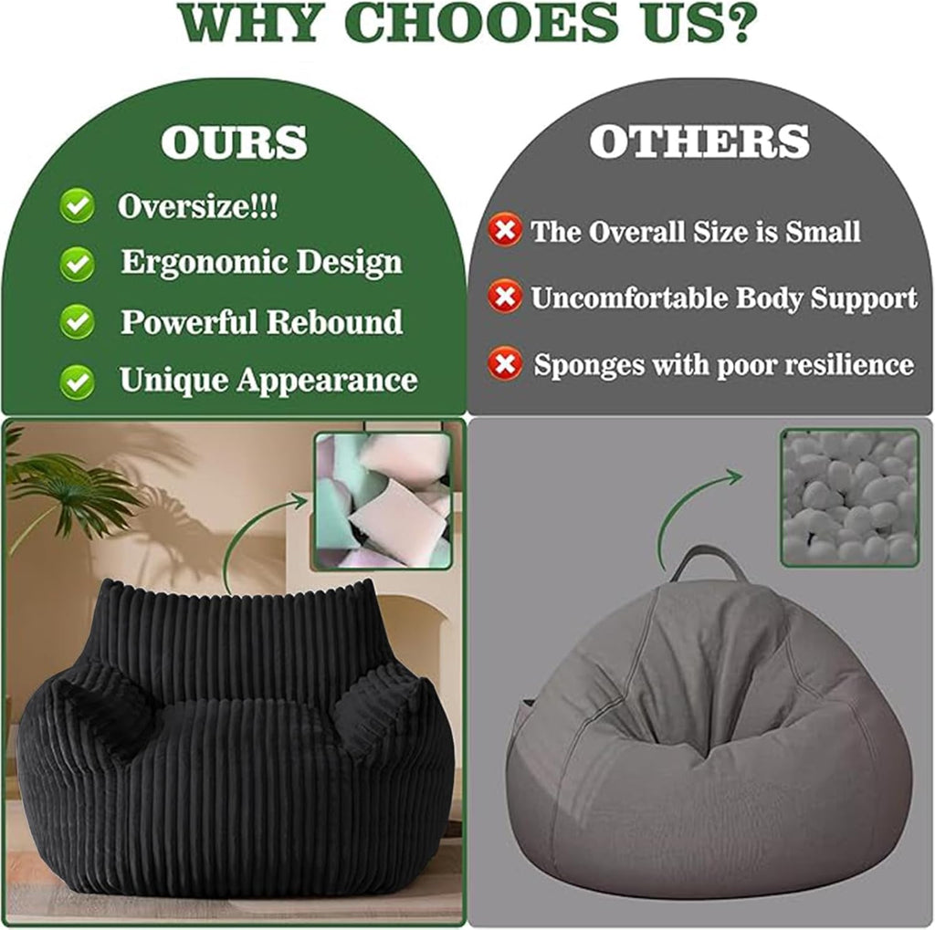 FanYi Bean Bag Chair for Adults with Armrests and Ottoman Comfy Beanbag Lounge Lazy Floor Sofa Accent Chair for Living Room, Bedroom & Dorm, Cozy Fluffy Single Cloud Mini Couch, Black