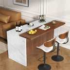 63" Large Imitation Marble Bar Table,Island Table with LED Lights,Mordern Marble Stripes Freestanding Mini Bar with Grille design,Home Bar Unit for Home Kitchen, Living Room, Balcony, Basement (White)