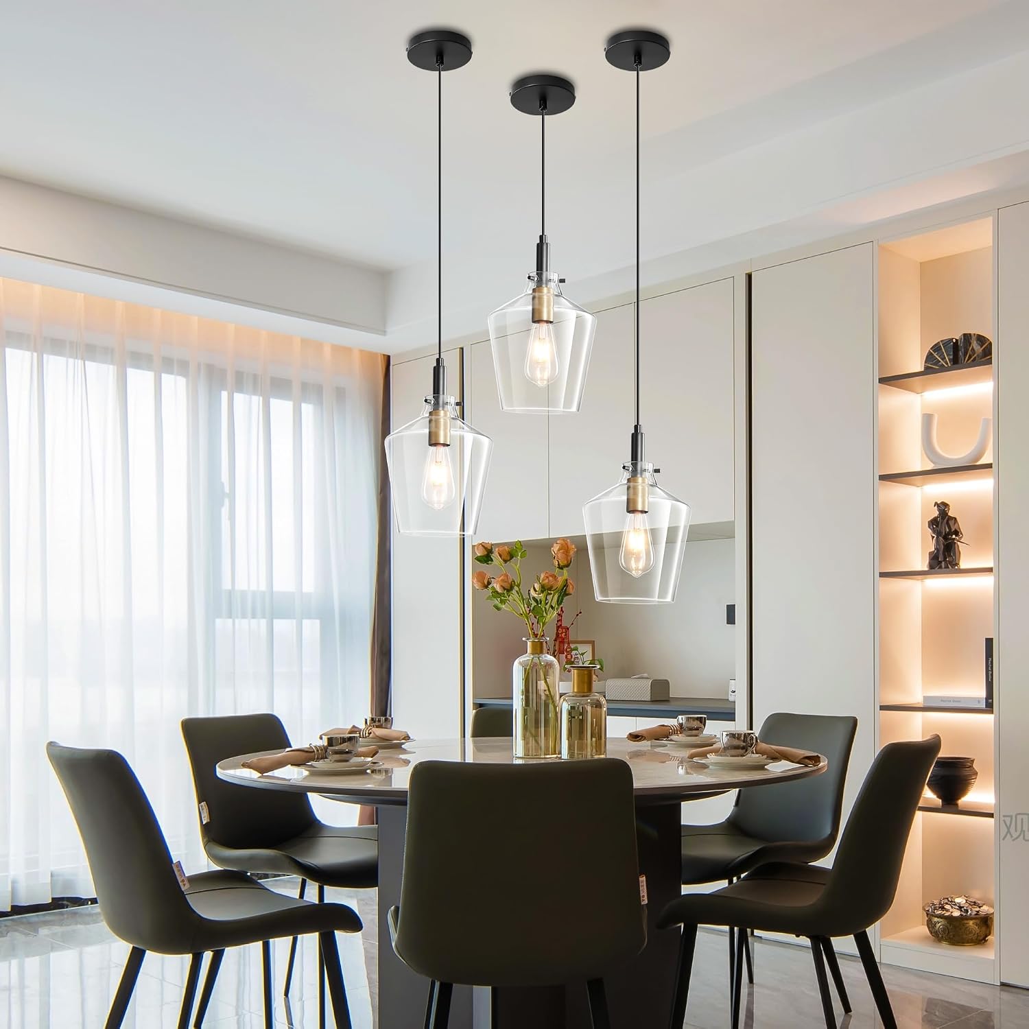 Modern Glass Pendant Lighting for Kitchen Island 2 Pack, Farmhouse Black and Gold Pendant Light Fixtures, Adjustable Hanging Ceiling Light, Angled Clear Glass Shades 8 Inch