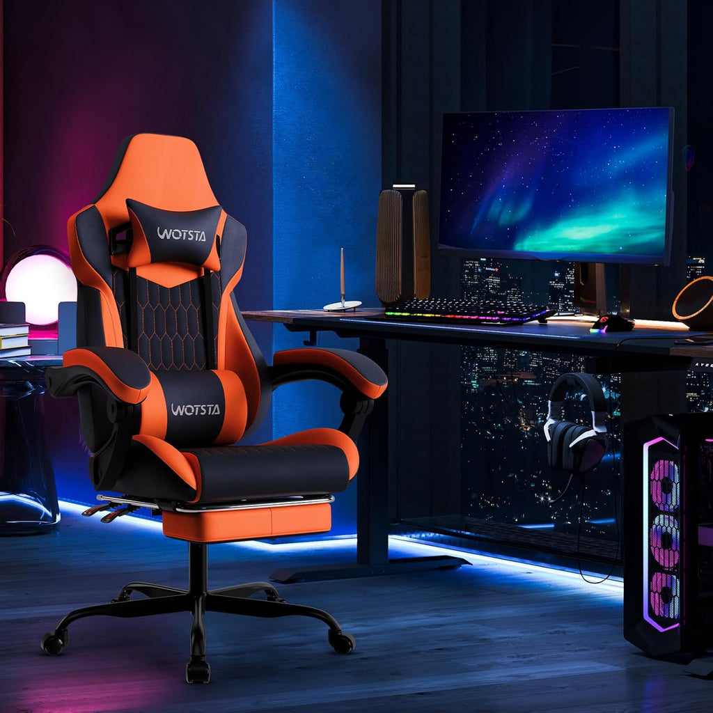 Gaming Chair with Footrest, High Back Gaming Chairs PVC Leather Ergonomic Gamer Chair with Adjustable Headrest Lumbar Support Racing Style Video Gaming Chair for Office/Home (Black Orange)