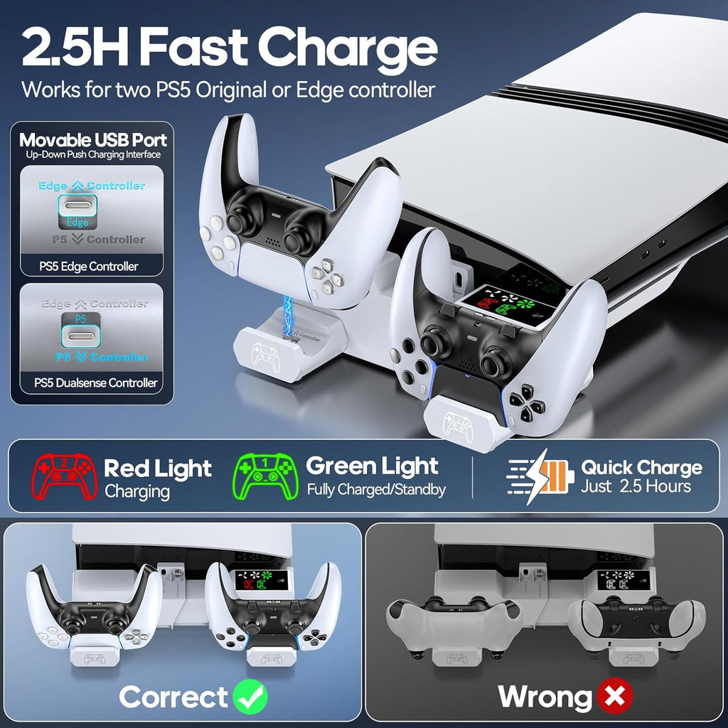 PS5/Slim/Pro Horizontal Stand with Cooling Fan & Charger for Original & Edge Controllers, Scalable Design PS5 Accessories Base with EVA Foams for All PS Five Disc & Digital, PS 5 Sideways Stand White