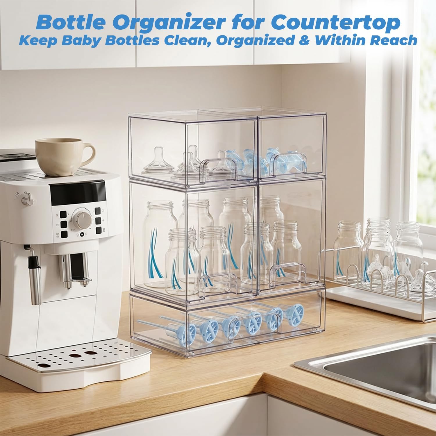 Baby Bottle Organizer, 5 Pack Stackable Storage Dust-proof Drawers, Clear Plastic Bottle Station Organizer for Countertop & Cabinet, Pacifier and Medicine Container for Nursery