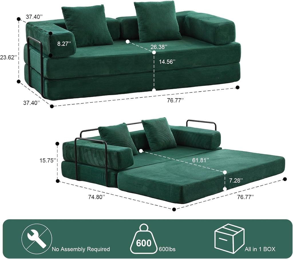 ZEIINPA Convertible Floor Sofa Bed with Fixed-Shape Frame, Modular Corduroy Folding Mattress Couch with Armrest, Floor Sofa Lounge Couch for Living Room Bedroom Lounge Studio,Emerald Green