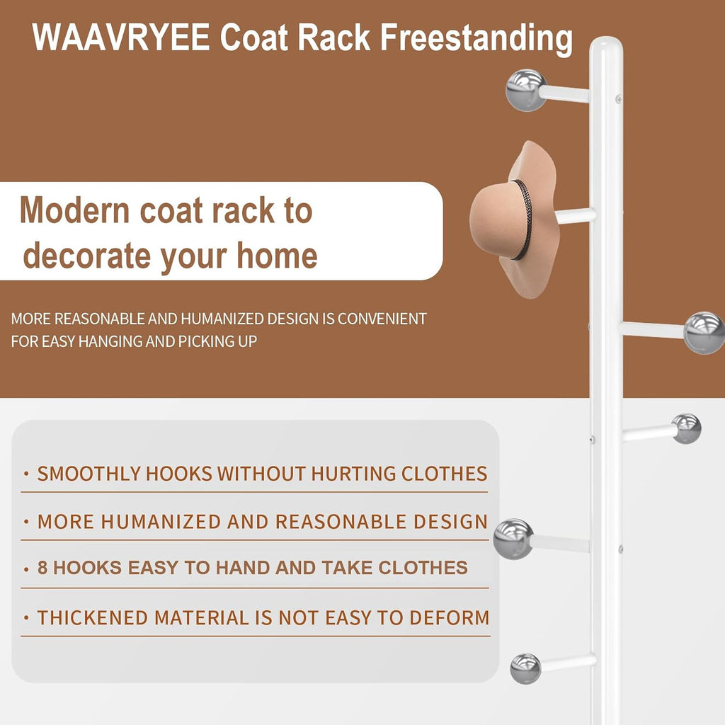 Coat Rack Stand, White Metal Coat Rack Freestanding with 8 Hooks | Coat Rack with Natural Marble Base,Modern Coat Hanger Stand, 3 Adjustable Coat Hall Clothes Tree Stand for Office
