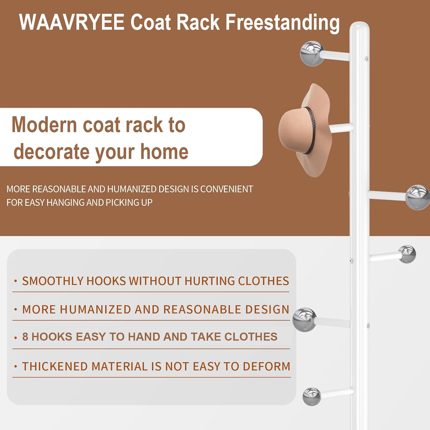 Coat Rack Stand, White Metal Coat Rack Freestanding with 8 Hooks | Coat Rack with Natural Marble Base,Modern Coat Hanger Stand, 3 Adjustable Coat Hall Clothes Tree Stand for Office