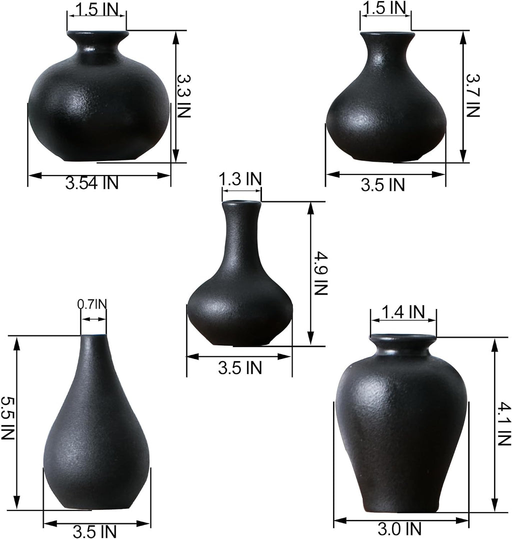 Black Bud Vases, Ceramic Small Vase Set of 5, Mini Vases for Fresh and Dried Flowers, Modern Home Decor, Pottery Centerpiece Table Decorations
