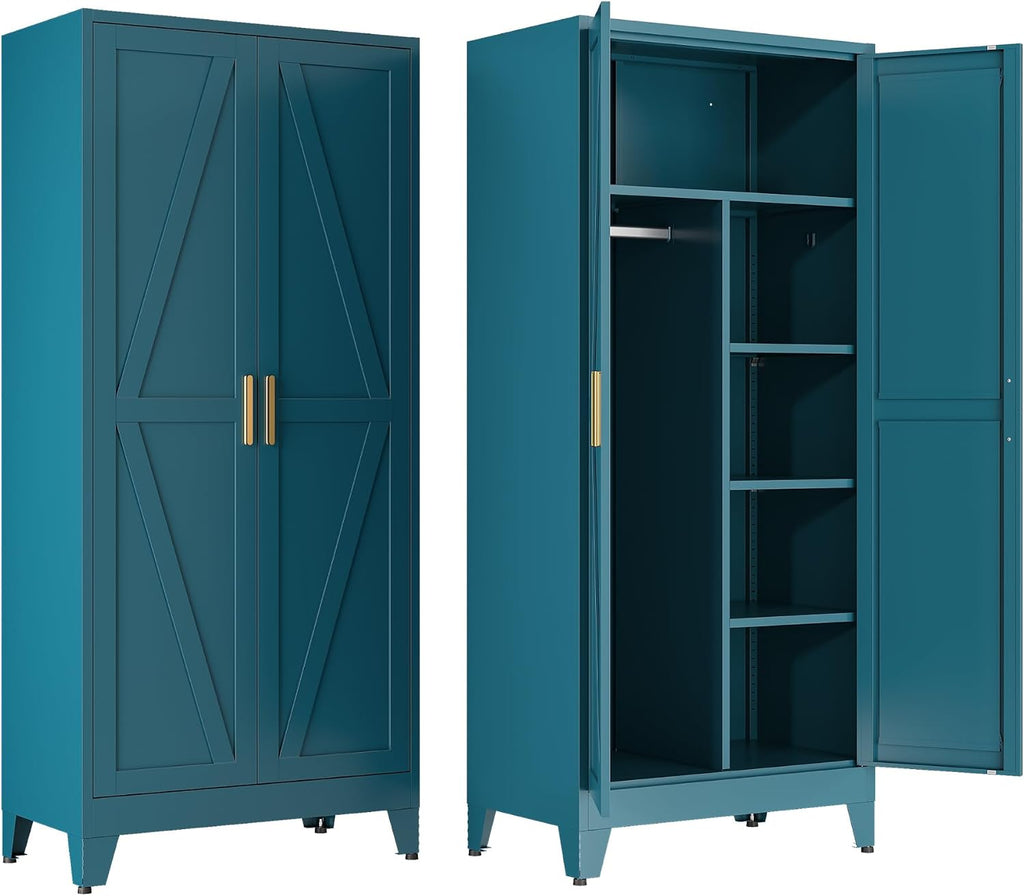 Metal Armoire Wardrobe Closet, Blue Farmhouse Storage Cabinet with Adjustable Shelves and Hanging Rod, 2 Doors Steel Wardrobe Cabinet Storage Clothes Closet foe Bedroom office School Dormitorio Gym
