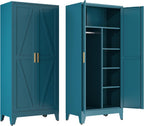 Metal Armoire Wardrobe Closet, Blue Farmhouse Storage Cabinet with Adjustable Shelves and Hanging Rod, 2 Doors Steel Wardrobe Cabinet Storage Clothes Closet foe Bedroom office School Dormitorio Gym