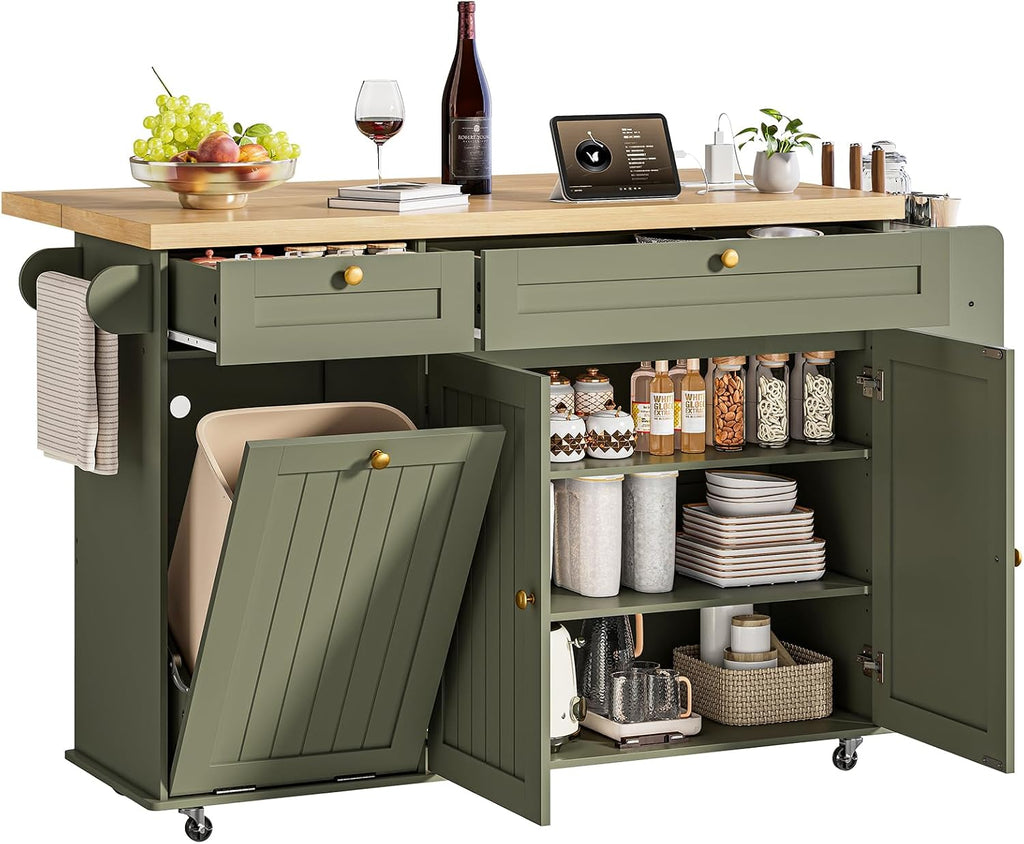 ONBRILL 60" Kitchen Island with Power Outlet & Drop Leaf, Rolling Island with Spice Rack & Towel Rack, Kitchen Island Cart with Trash Storage Cabinet, Island Table for Kitchen, Green