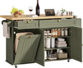ONBRILL 60" Kitchen Island with Power Outlet & Drop Leaf, Rolling Island with Spice Rack & Towel Rack, Kitchen Island Cart with Trash Storage Cabinet, Island Table for Kitchen, Green