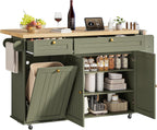 ONBRILL 60" Kitchen Island with Power Outlet & Drop Leaf, Rolling Island with Spice Rack & Towel Rack, Kitchen Island Cart with Trash Storage Cabinet, Island Table for Kitchen, Green
