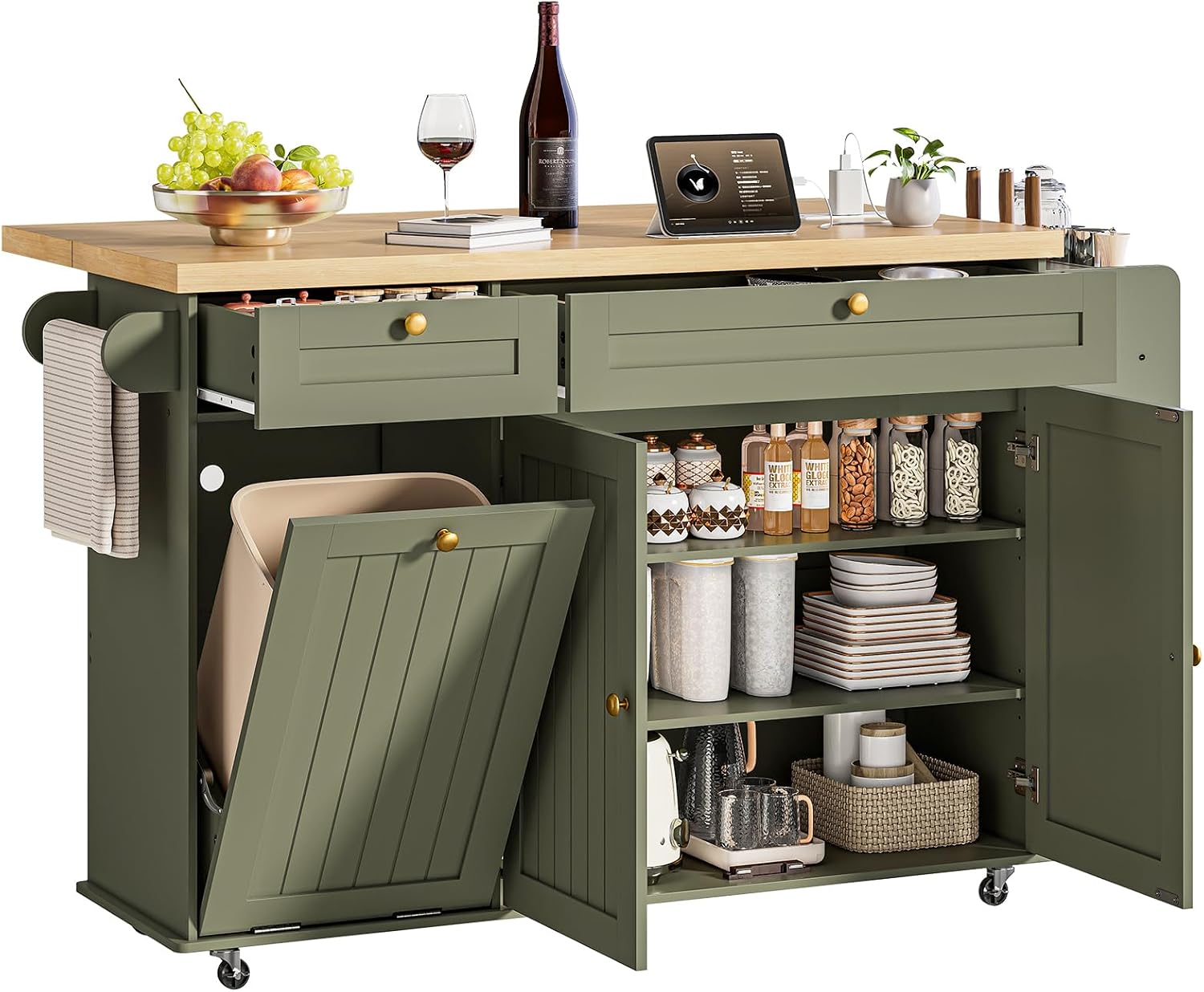 ONBRILL 60" Kitchen Island with Power Outlet & Drop Leaf, Rolling Island with Spice Rack & Towel Rack, Kitchen Island Cart with Trash Storage Cabinet, Island Table for Kitchen, Green