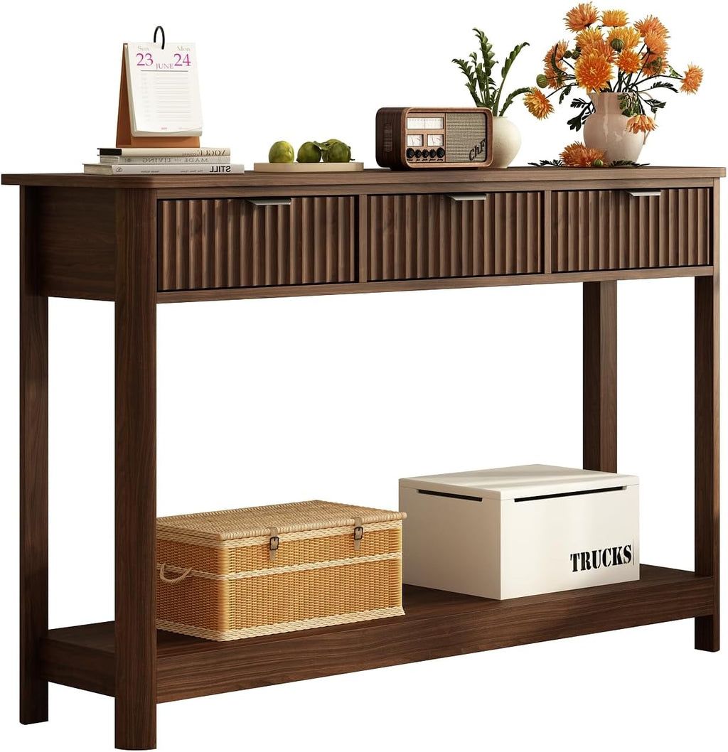 RUSTOWN Fluted Wood Console Table with 3 Drawers, 47.2" Boho Entryway Table | Narrow Behind Couch Sofa Table, Open Storage Shelf, Curved legs, 2 Tier Modern Farmhouse Hallway Table for Living Room, Foyer