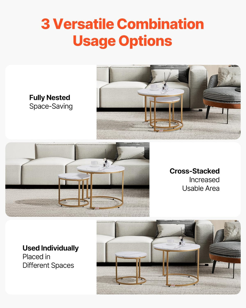 VEVOR Nesting Coffee Table Set of 2, 23.6 in Round Coffee Table, Nesting Tables for Small Place, Vintage End Side Tables Night Stand with Metal Frame, for Living Room, Bedroom, Office (White & Gold)