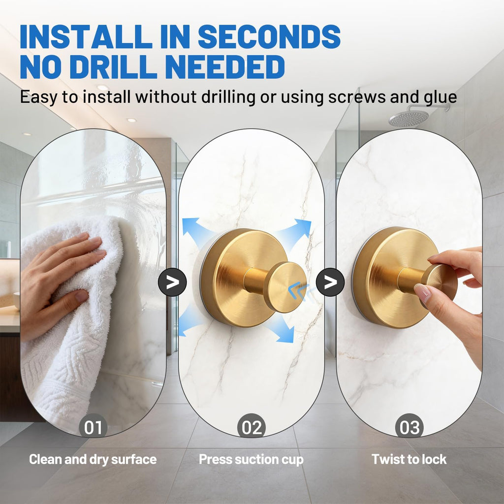 Suction Cup Hooks, Shower Hooks No Drill, Heavy Duty Wall Hooks for Hanging 15lbs, Reusable Waterproof Towel Hooks for Bathrooms Kitchen Glass Door Tile, Stainless Steel Hook Holder 6 Pack