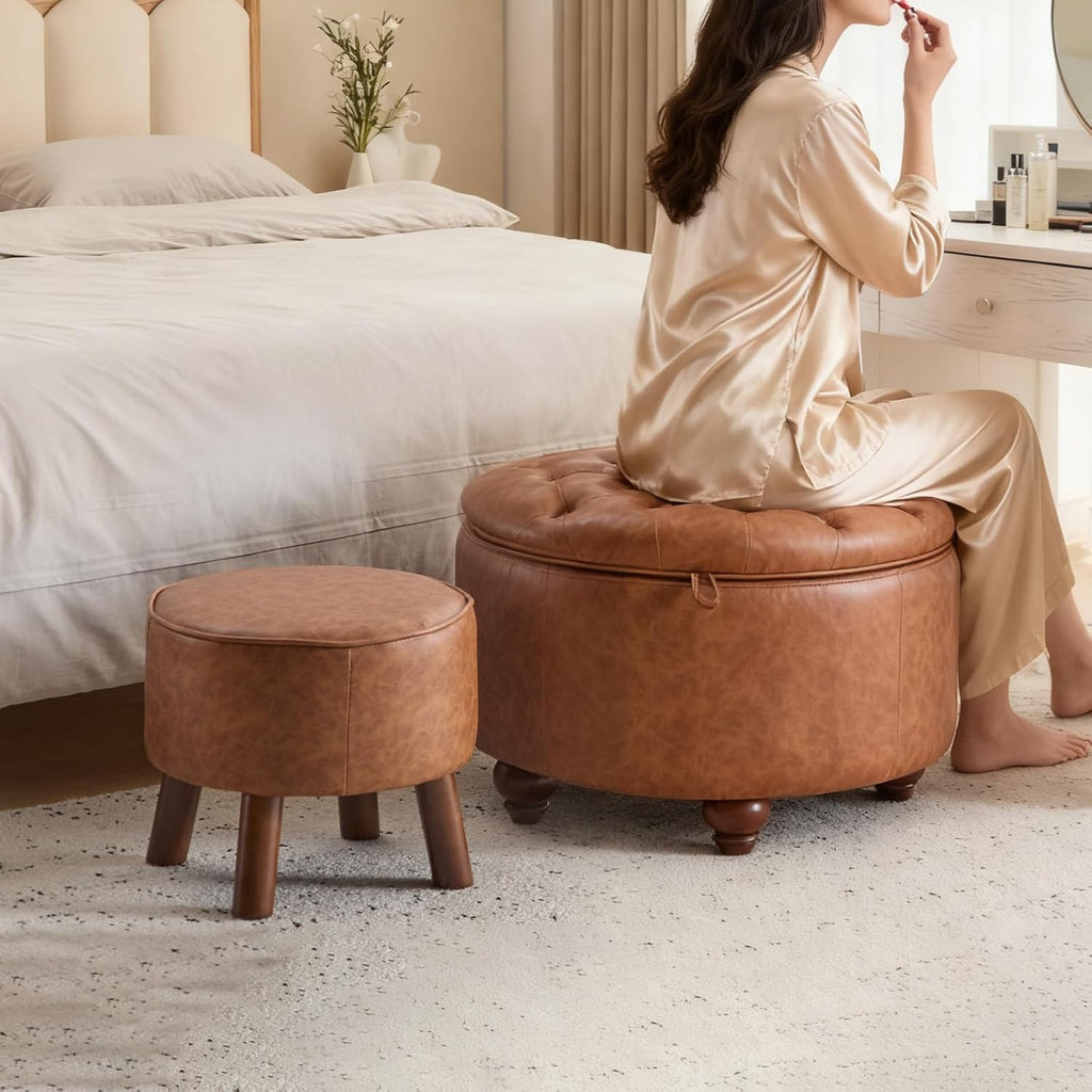 24Inch Round Storage Ottoman, Set of 2, Modern PU Leather Coffee Table with Removable Top, Upholstered Ottoman with Storage Footrest Stool for Living Room, Bedroom (Brown)