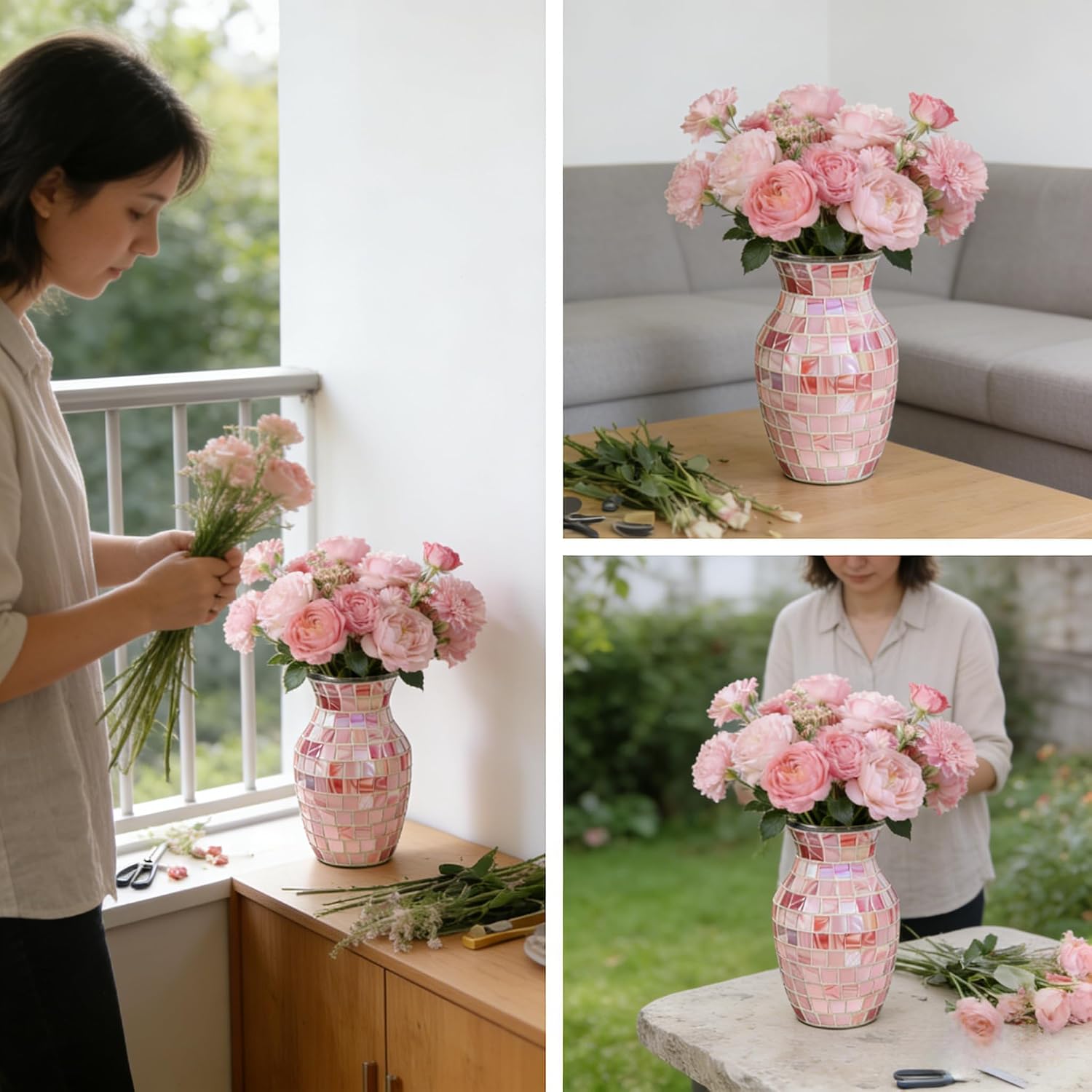 Pink Glass Vases for Flowers, Mosaic Vases Home Decor Glitter Handmade Modern Decorative Flower Holder for Home Table Decor Vase for Centerpieces Perfect for Office Living Room Banquet Wedding Gift