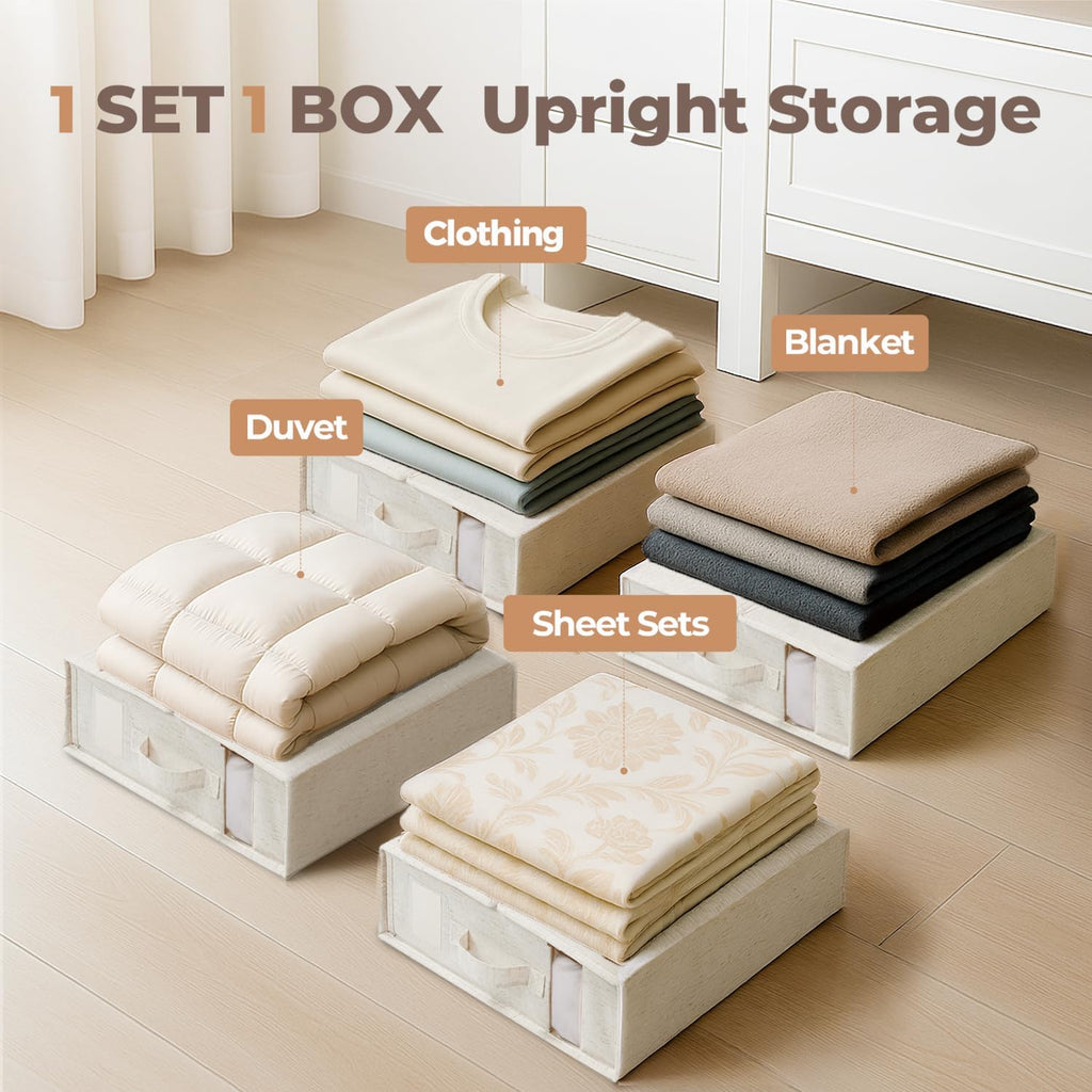 6Pack Linen Sheet Organizers and Storage - King/Queen Size Sheet Storage Organizer with Window, Foldable & Dustproof Sheet Organizer for Linen Closet for Summer Blankets & Sheet Sets,Off-white