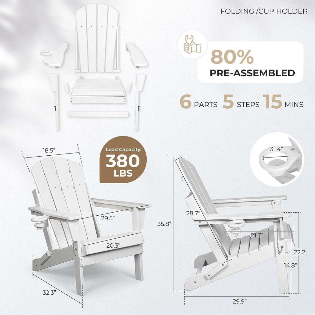 HDPE Adirondack Chair, Folding Outdoor Patio Chair with Cup Holder, Weather Resistant Wood Grain Lawn Chair for Backyard, Garden, Fire Pit, Deck, White